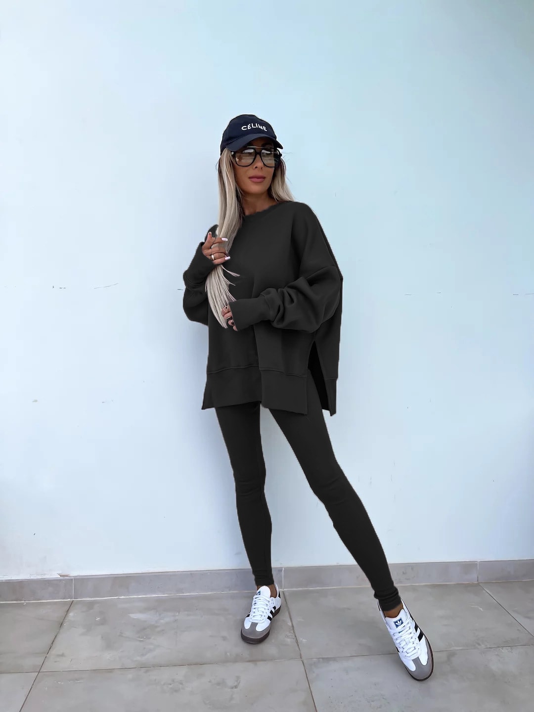 Sweater Suit Women's Casual Loose Long Sleeve Crew Neck Split Top Tight Trousers view 5