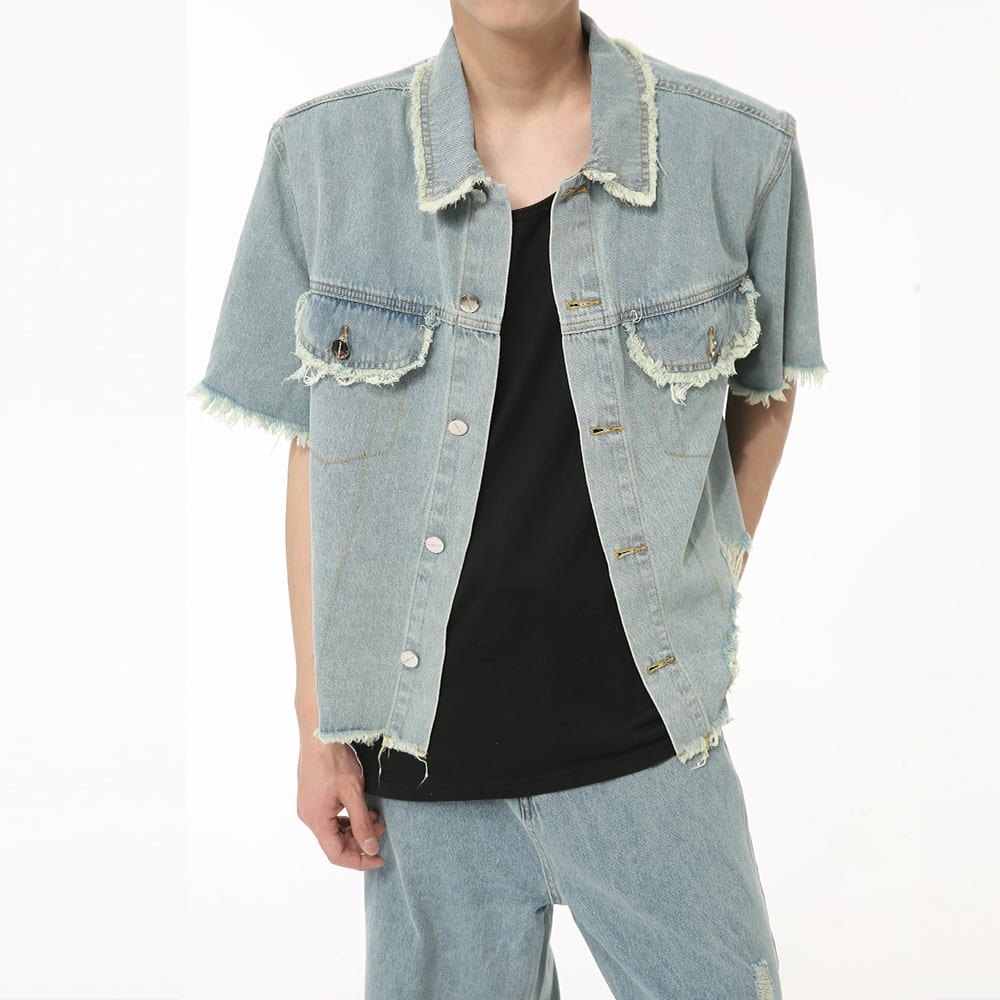 American Pu Shuai Burrs Tassels Broken Hole Design Denim Suit view 7