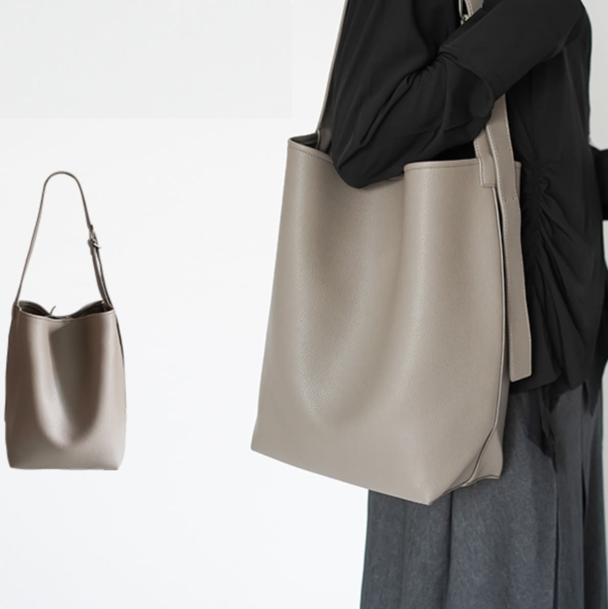 Large Capacity Solid Color Simple Lychee Pattern Bucket Bag view 1