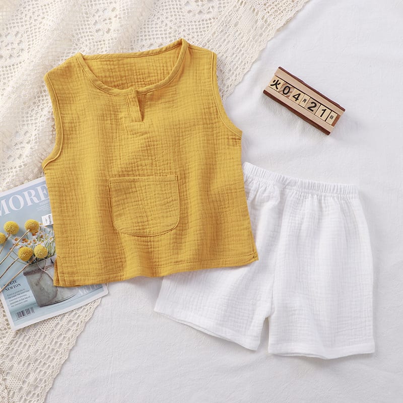 Children Two-piece Cotton Solid Color Double-layer Yarn Vest Short Home Pajamas