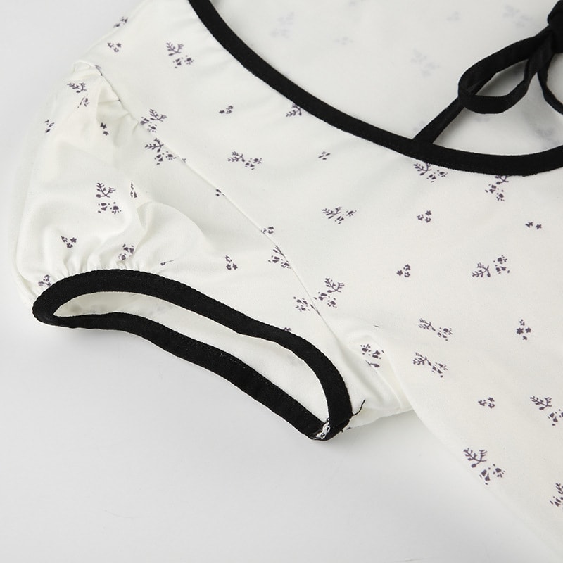 Floral Print Lace-up Hemming Puff Short Sleeve Knitted Top view 2