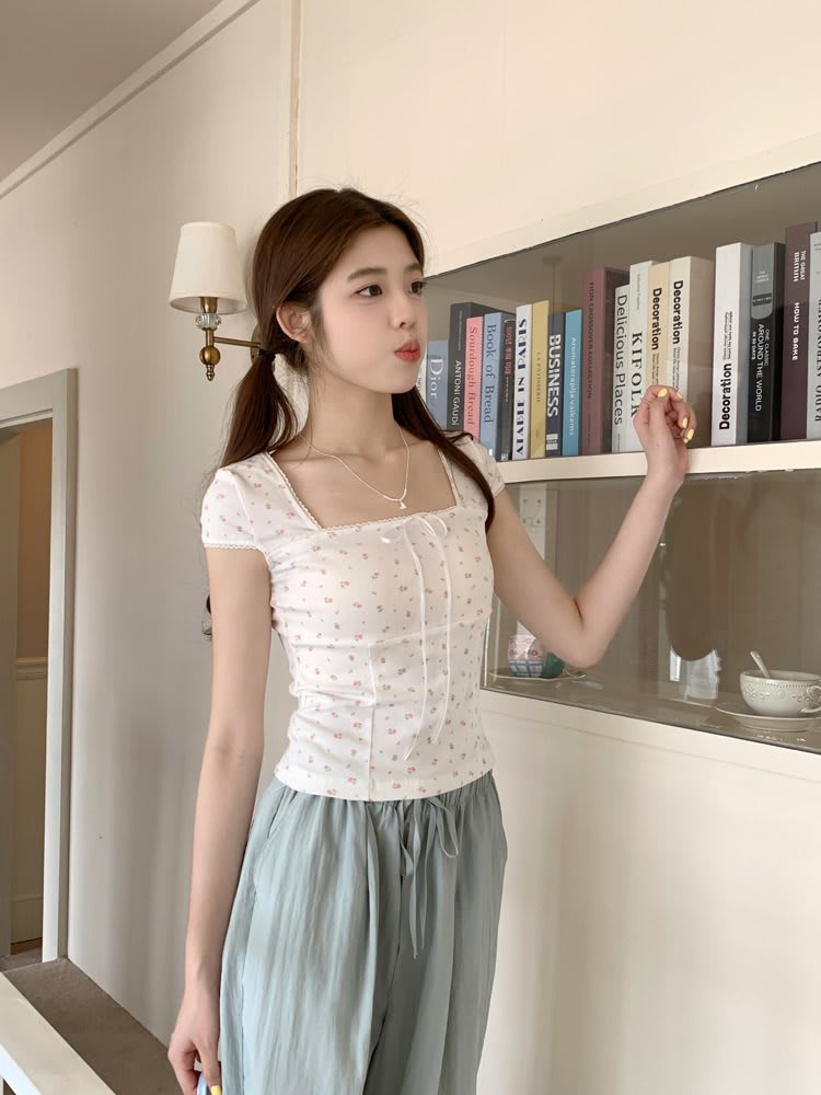 Women's Summer Slim Fit Niche Chic Square Collar Short Sleeve T-shirt Top view 45