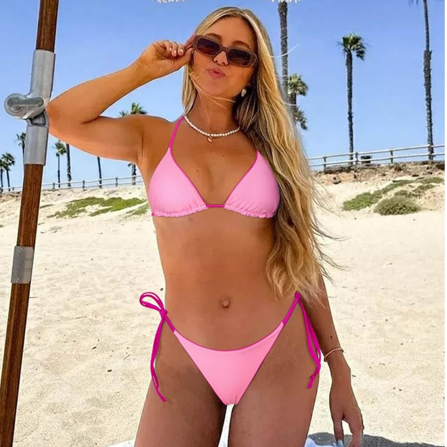 Bikini Double-layer Fabric Lace-up Pure Color Halter Split Swimsuit view 2