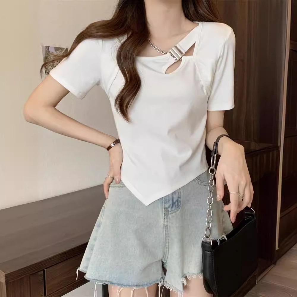 Slim Fit And Thin Cover Belly Hot Girl Irregular Short-sleeved T-shirt For Women view 4