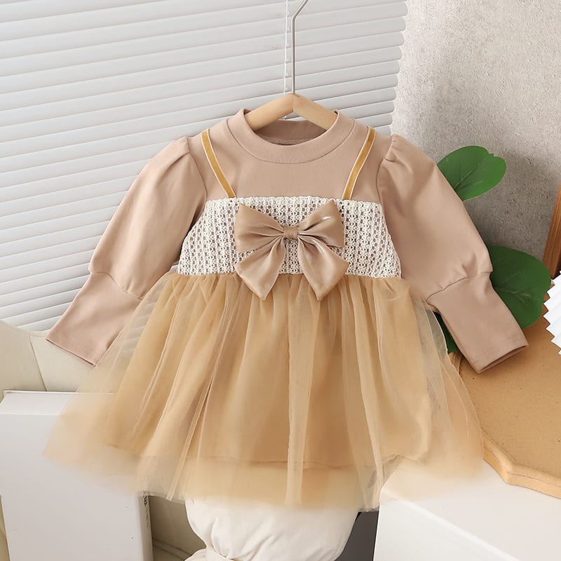 Girls Autumn Clothing Dress Puff Sleeve Bow view 1