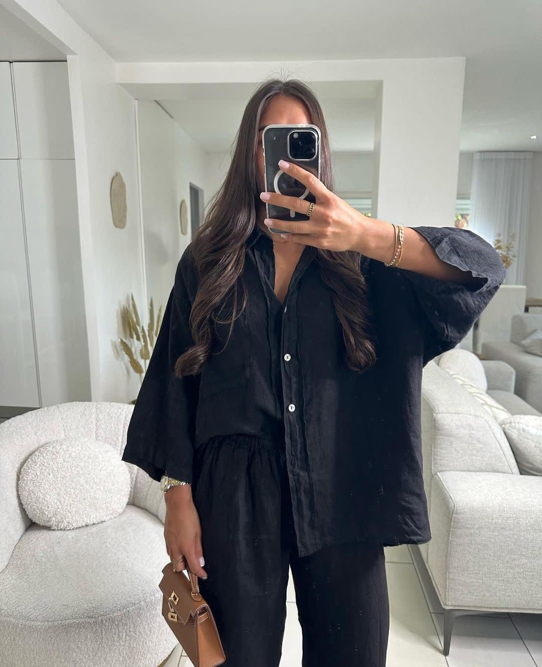 Casual Polyester Pocket Shirt Pants Suitable For Women's Wide Leg Pants, Long Sleeved Shirt Set, Women's Loose High Street Two-piece Set view 10