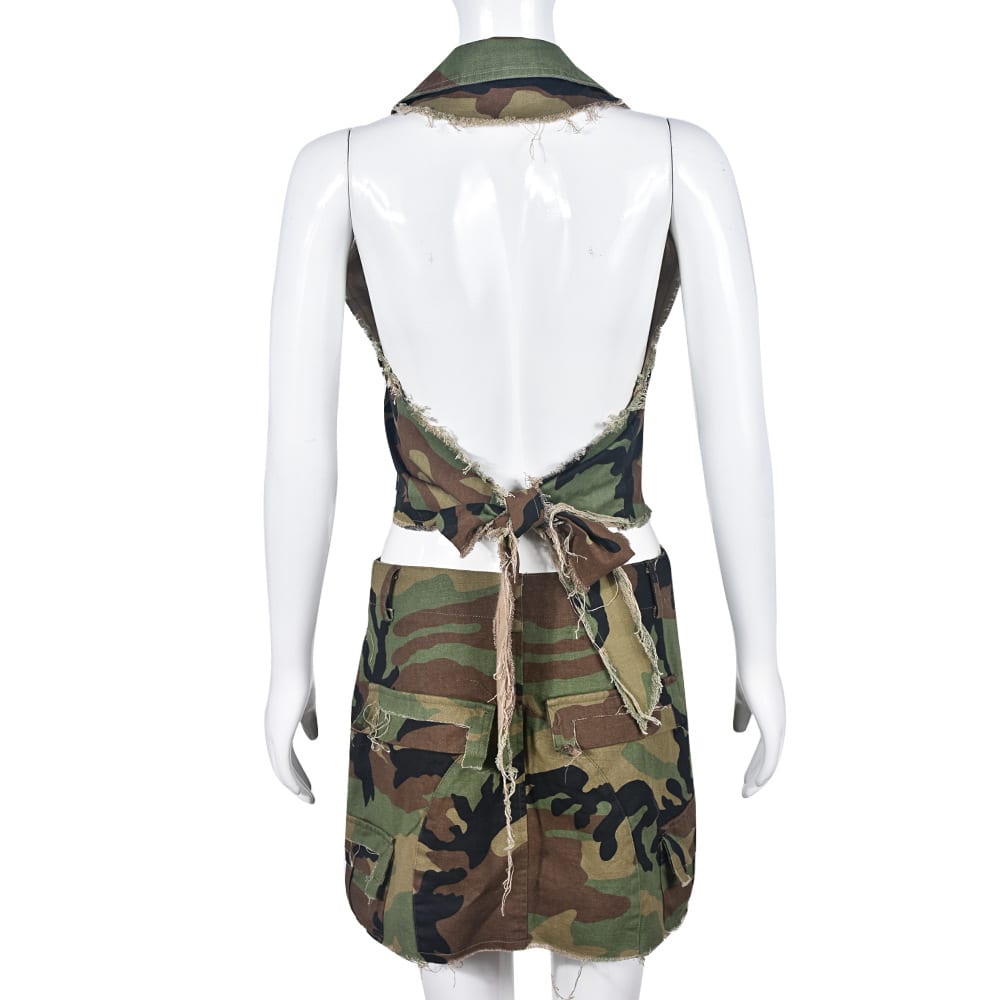 Personalized Trendy Backless Halter Lace-up Camouflage Top view 5