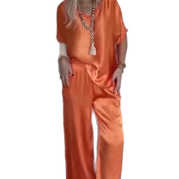Women's Comfortable V-neck Satin Short-sleeved Two-piece Suit view 4