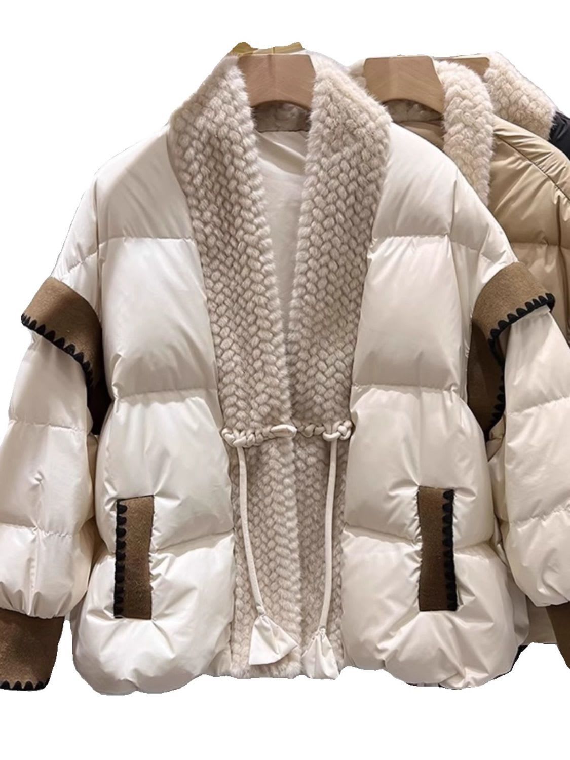 V-neck Frog Button Stitching Furry Padded Down Jacket Cotton-padded Coat view 9