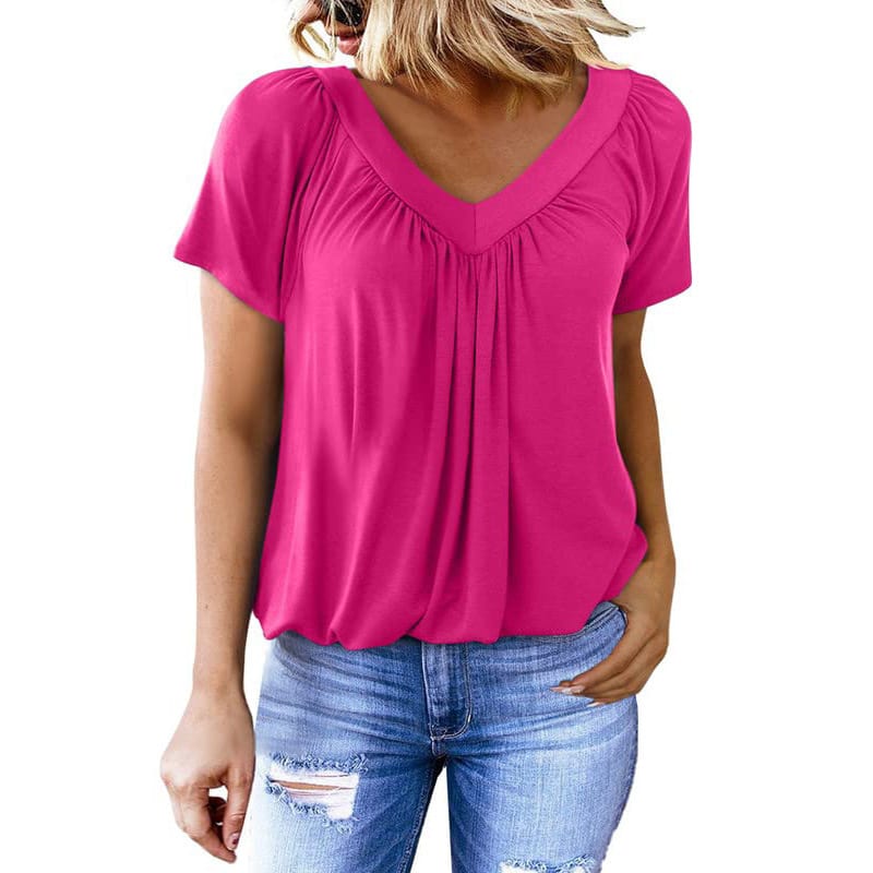 Women's Solid Color And V-neck Short-sleeved T-shirt view 7