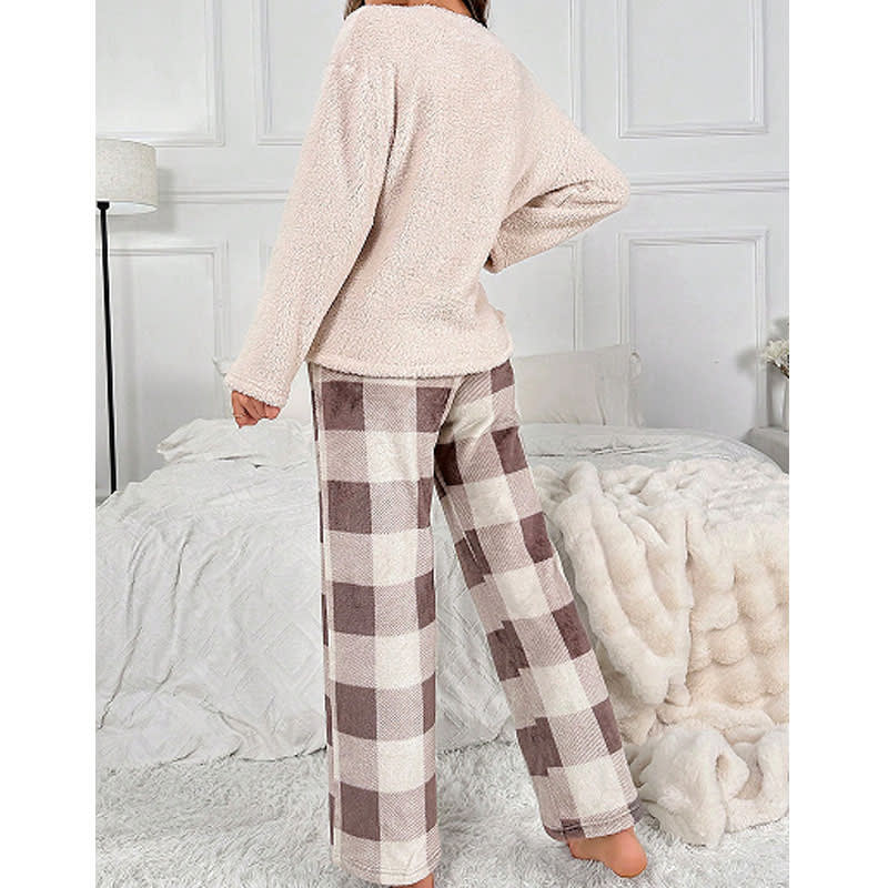 Thermal Flannel Home Wear Loose Plaid Trousers Two-piece Suit view 1