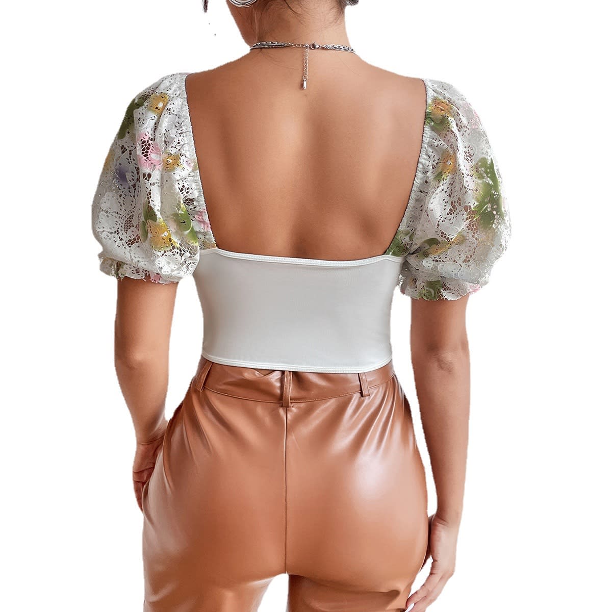 Sexy Street Backless Hot Girl Puff Sleeve T-shirt view 9