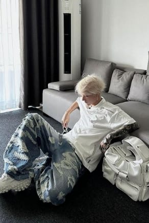 T European And American Fashion Brand Blue With Holes Jeans Men's Autumn Thin American Chic Pants Wide Leg