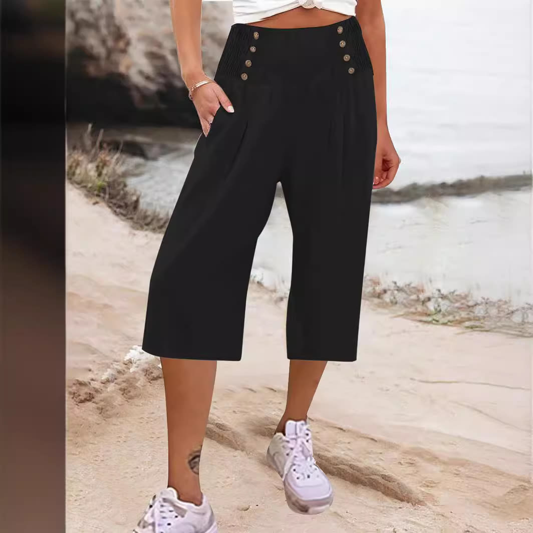 Women's Cotton And Linen Solid Color Buttons Loose Casual Cropped Pants view 6