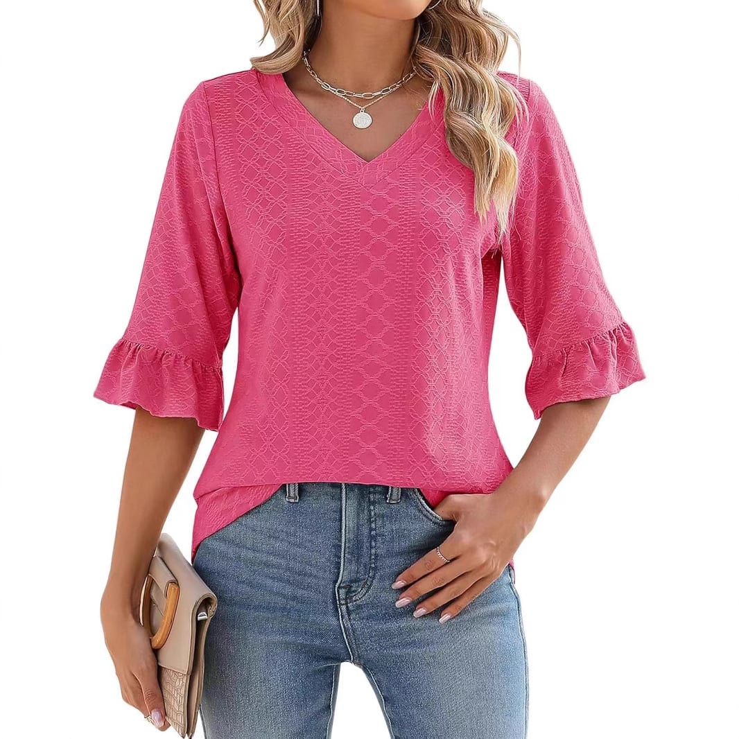 Women's Printed Hollow Ruffle Sleeve Casual Short-sleeved Top view 6