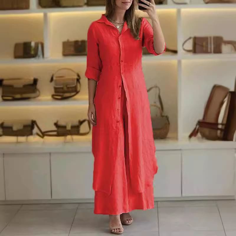 Urban Elegant Cotton And Linen Slim-fit Waist-tight Long Shirt Wide-leg Pants Suit view 8