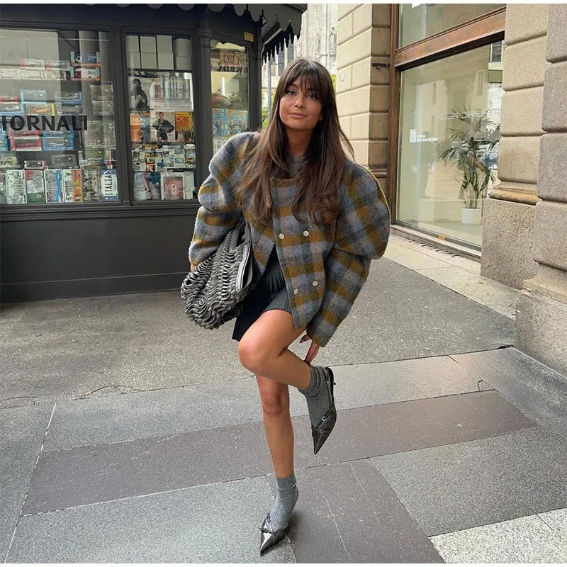 Women's Retro Contrast Color Check Coat view 4