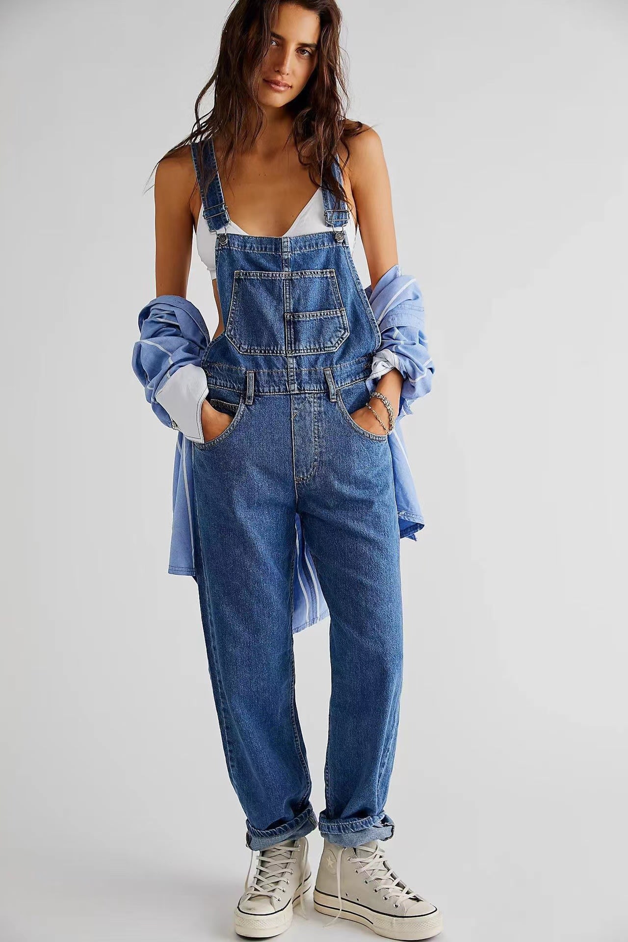 Women's High-Waisted Jumpsuit Overalls With Pockets Loose Fit Denim Trousers Casual Straight Leg Pants view 5