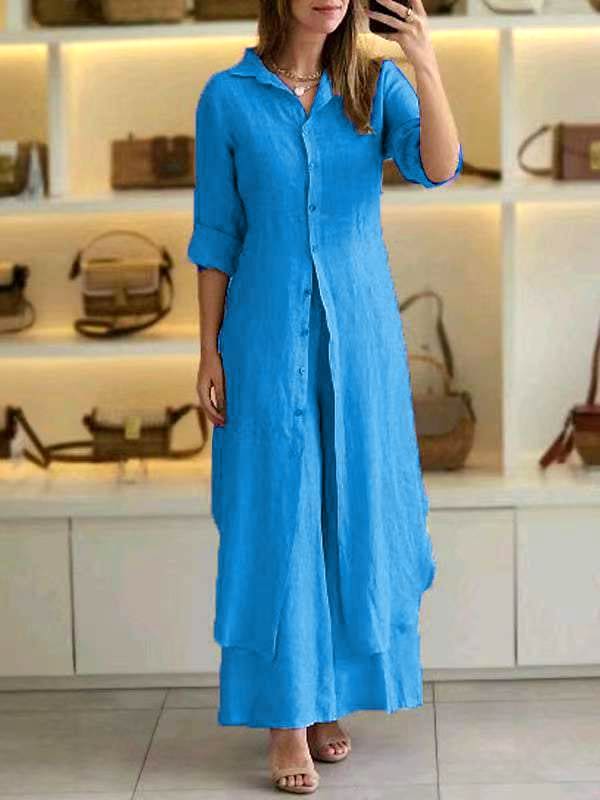 Urban Elegant Cotton And Linen Slim-fit Waist-tight Long Shirt Wide-leg Pants Suit view 13