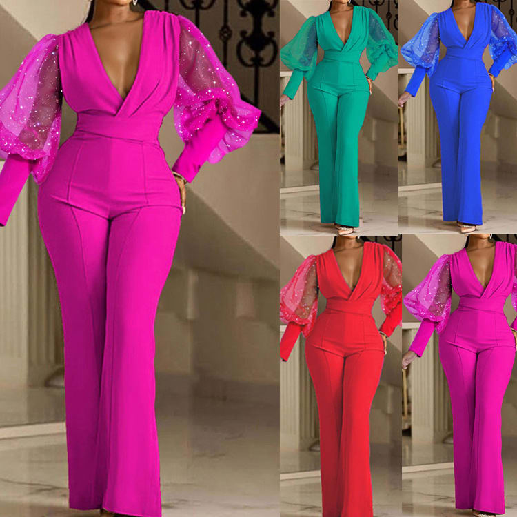 Mesh Stitching Long Sleeves Slim Wide Leg Jumpsuit view 4