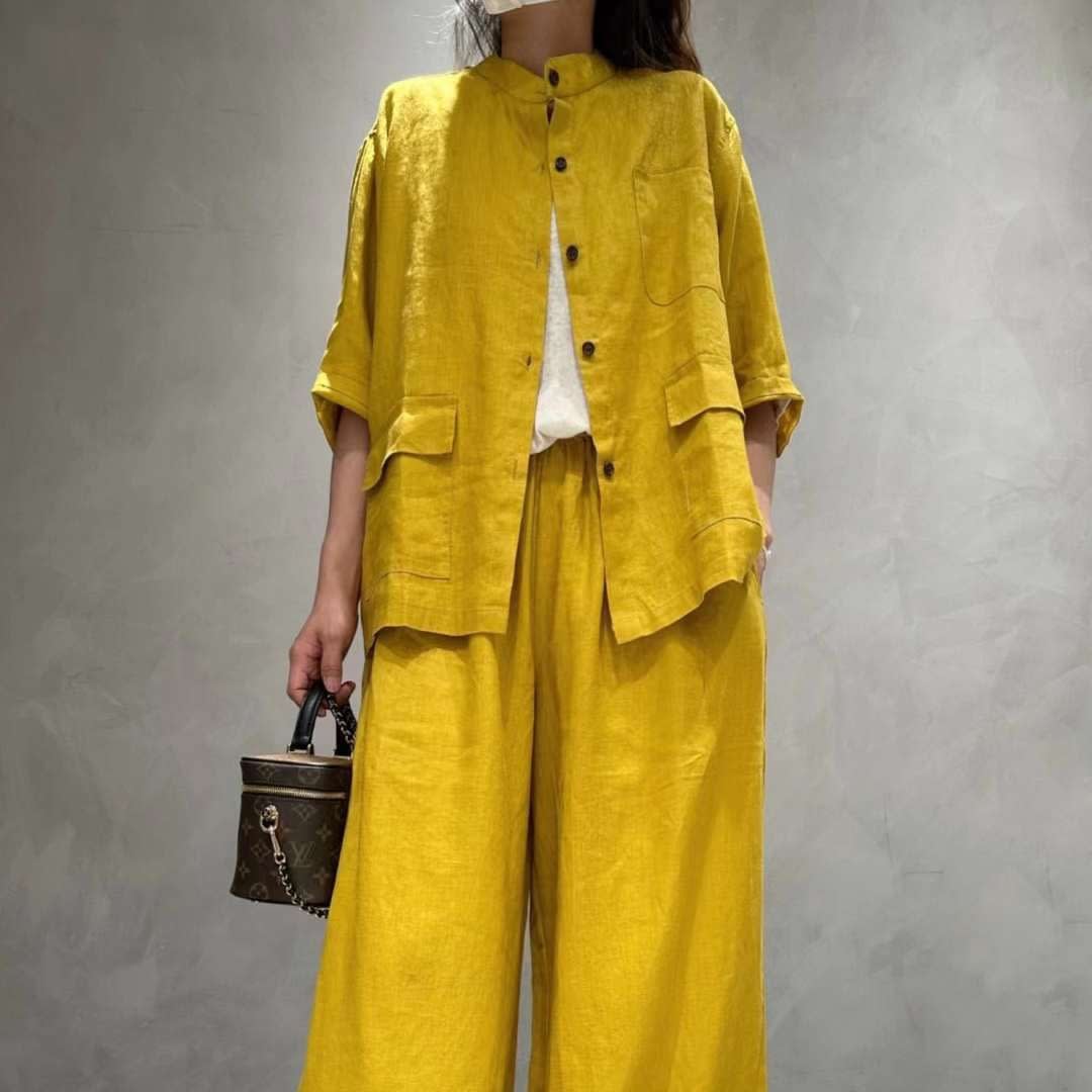 Solid Color Linen Suit Half Sleeve Shirt Casual Pants view 9