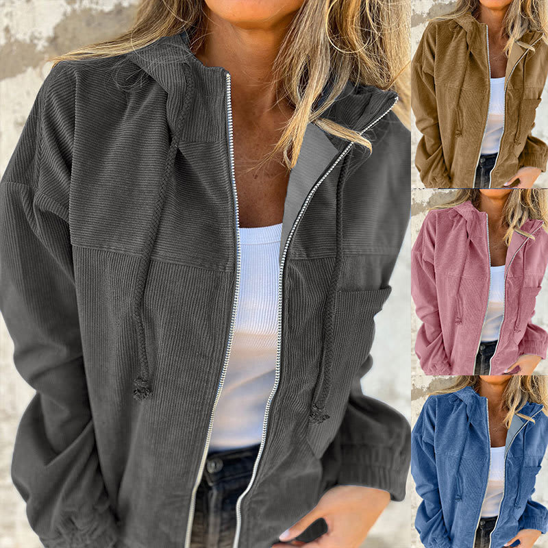 Solid Color Women's Corduroy Hooded Jacket view 2