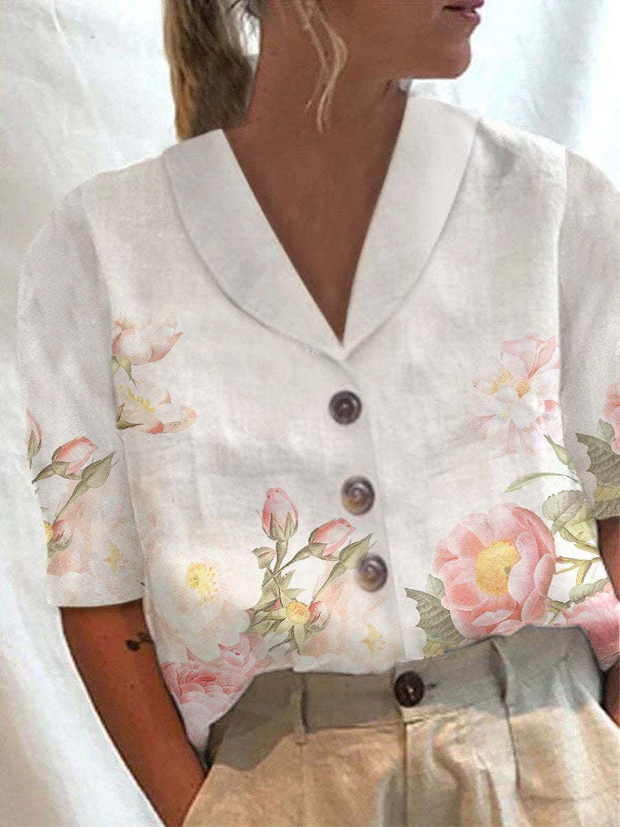 Women's Stand Collar Button Casual Half-sleeve Cotton And Linen Printed Short-sleeved Shirt view 23
