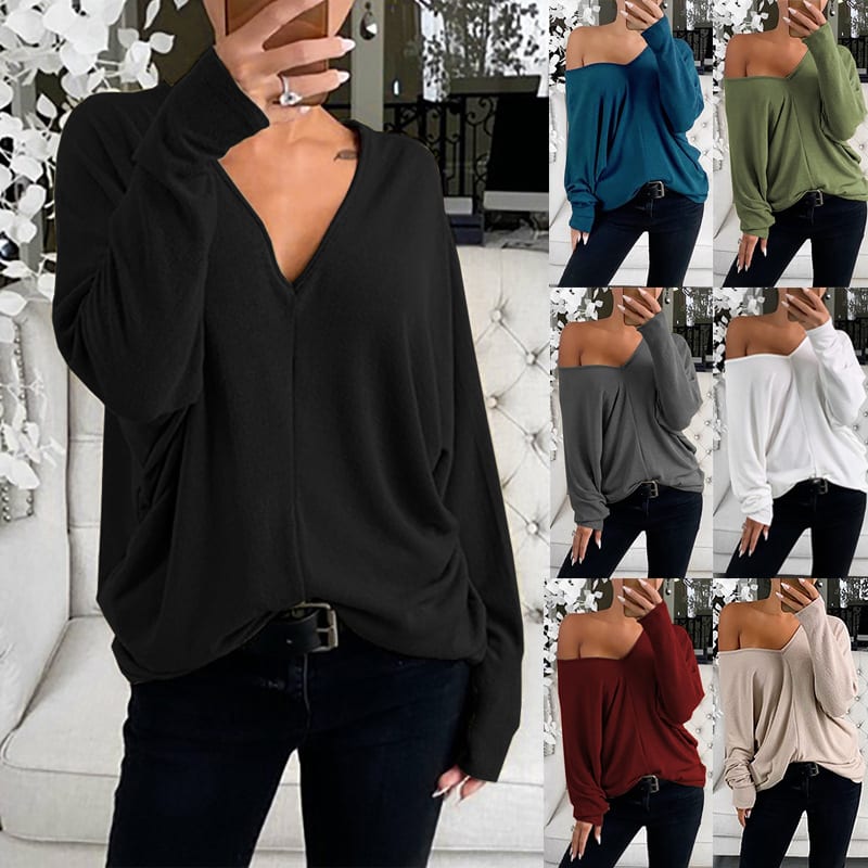 V-neck Lapsed Sleeves Loose Long-sleeved Top T-shirt For Women view 3