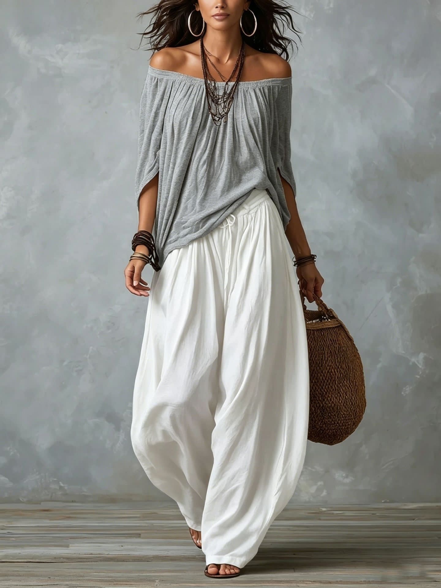 Women's Off-Shoulder Suit Long Sleeve Top And Flare Leg Pants Set - Loose Fit Casual Two Piece Outfit view 3