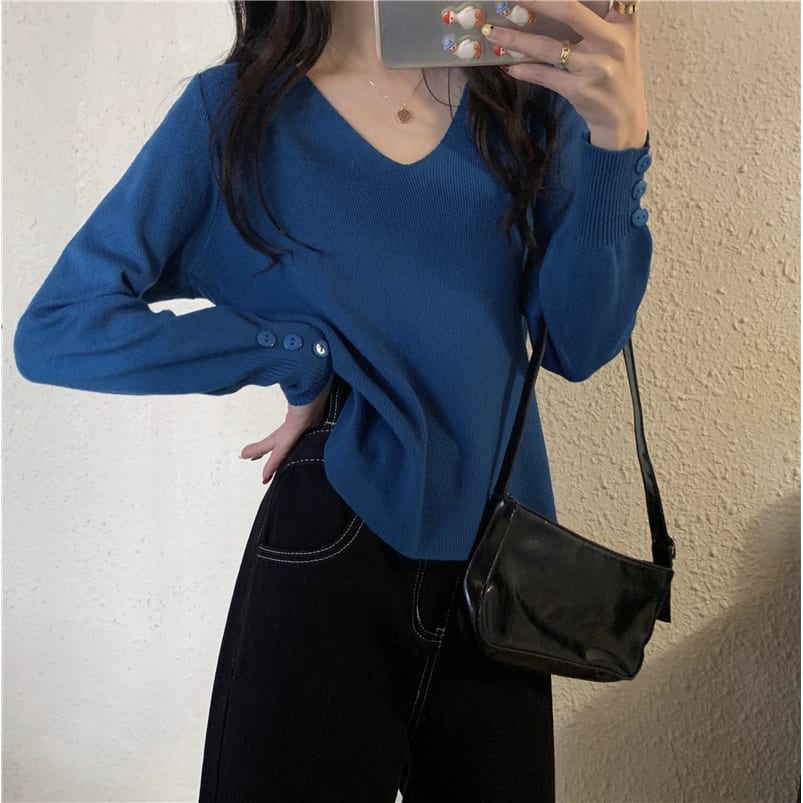 All-match V-neck Long-sleeved Bottoming Sweater For Women view 4