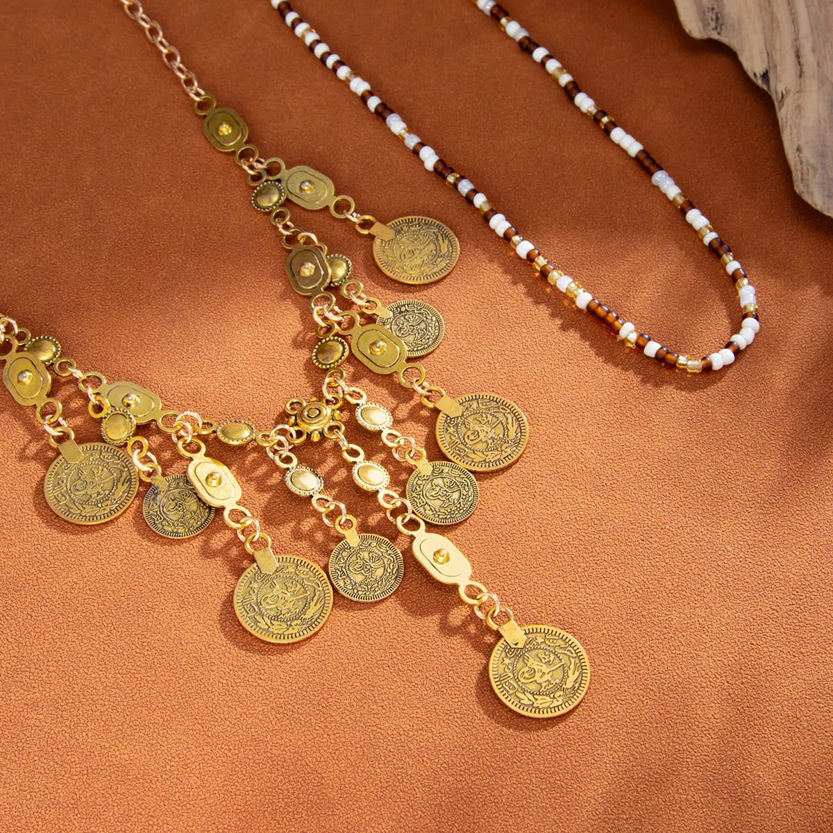Metal Coin Pendant Tassel Bead Necklace view 1