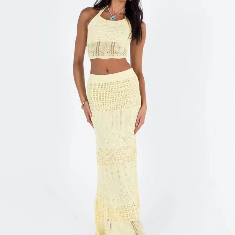 Top High Waist Skirt Two-piece Summer Knitted Beach Vacation Suit view 8