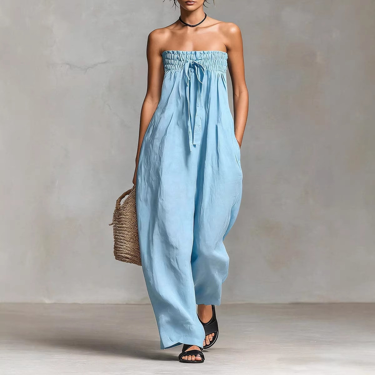 Women's Strapless Ruched Jumpsuit Summer Fashion Tie-up Loose Straight-leg Jumpsuit view 2