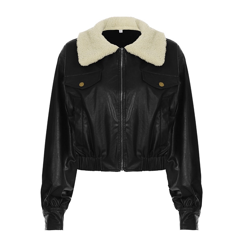 Retro Fur Collar Workwear Leather Jacket Design Sense view 2