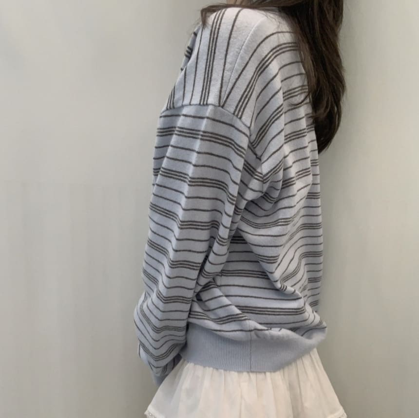 Blue Striped Sweater Women's Loose Long Sleeve Polo Collar Top