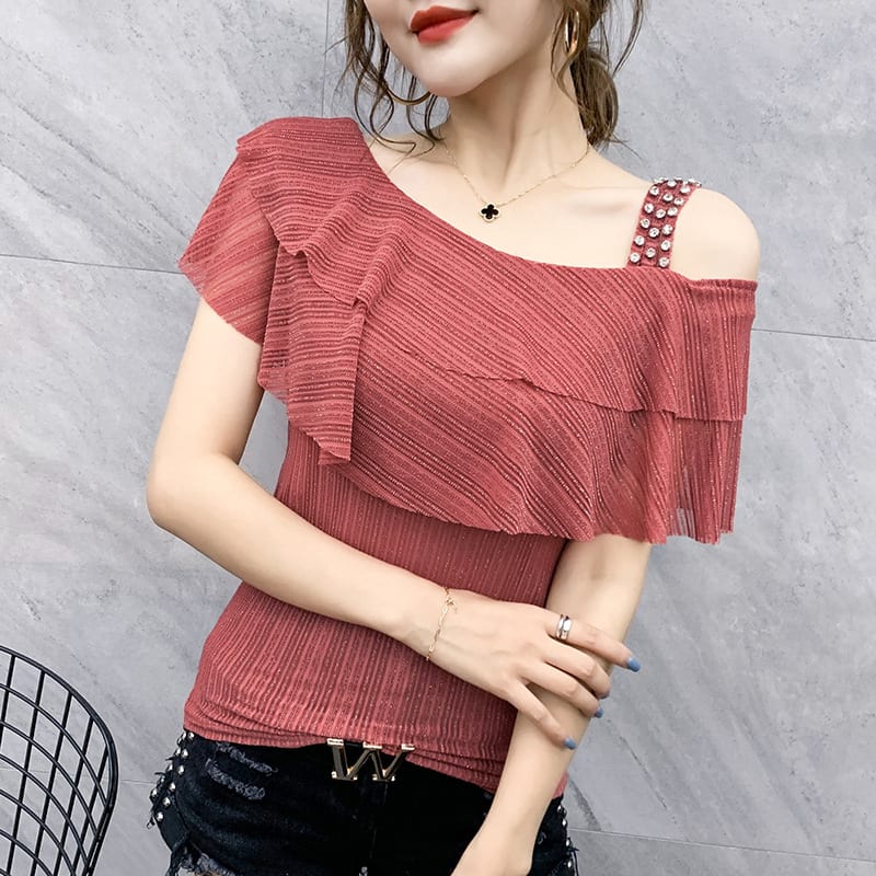 Ruffled Shoulder Leakage Ice Silk Top view 8