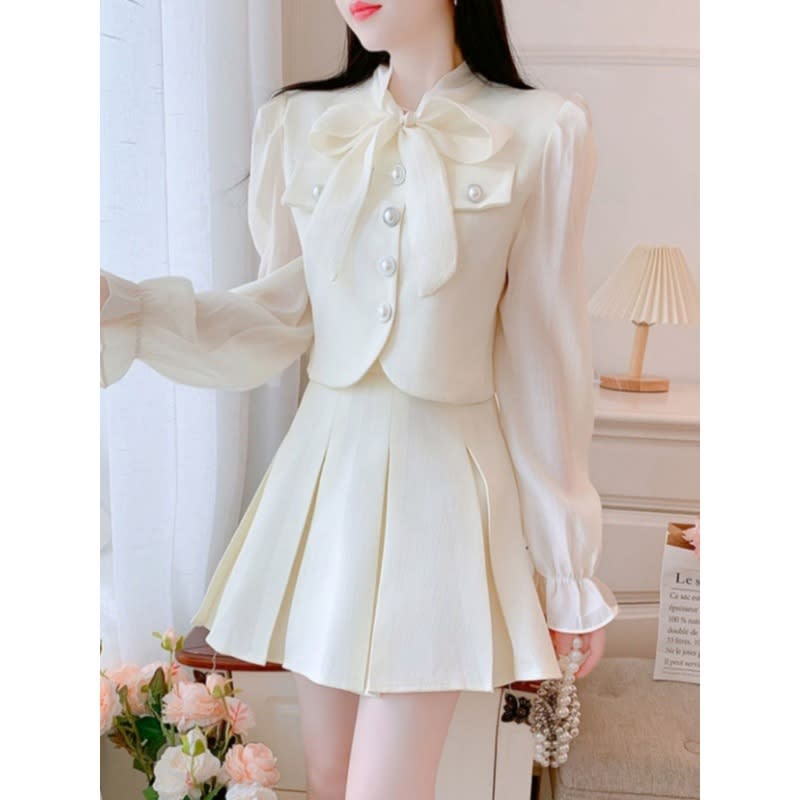 Two-piece Suit Skirt Classic Style Bowknot Shirt High Waist Skirt For Women view 3