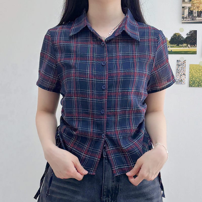 Retro Elegant Hem Pleating Short Sleeve Plaid Shirt view 2