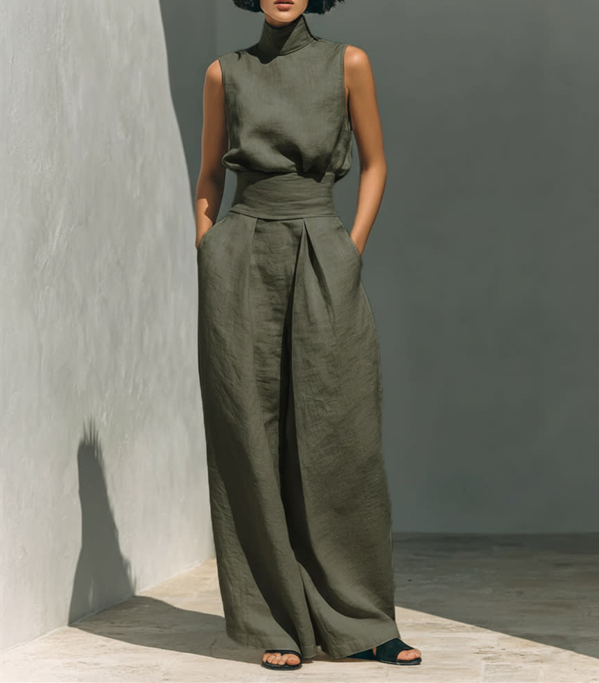 Casual Sleeveless Suit Summer Stand-up Collar Pullover Top And Loose Straight-leg Trousers Women's Clothing view 6