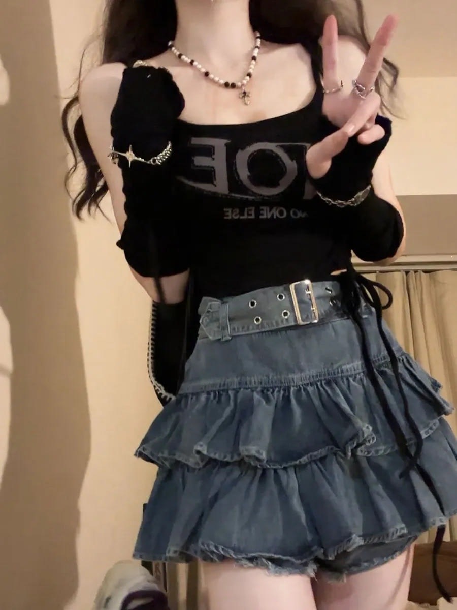 Fashion Suit Lotus Leaf Border Light Denim Skirt Letter Cutout Sling view 4