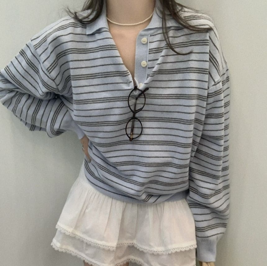 Blue Striped Sweater Women's Loose Long Sleeve Polo Collar Top view 5