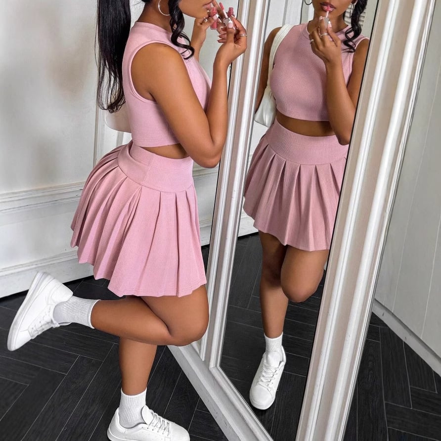 Women's Pleated Fashion Slim Sleeveless Skirt Suit view 4
