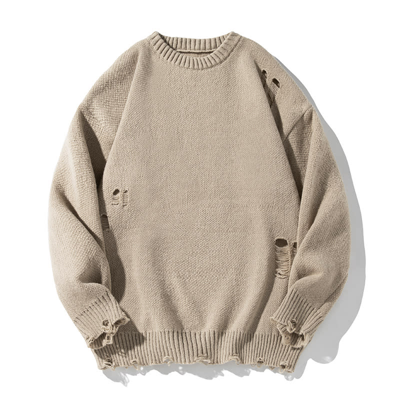 Retro Hollow-out Ripped Design Round Neck Sweater view 7