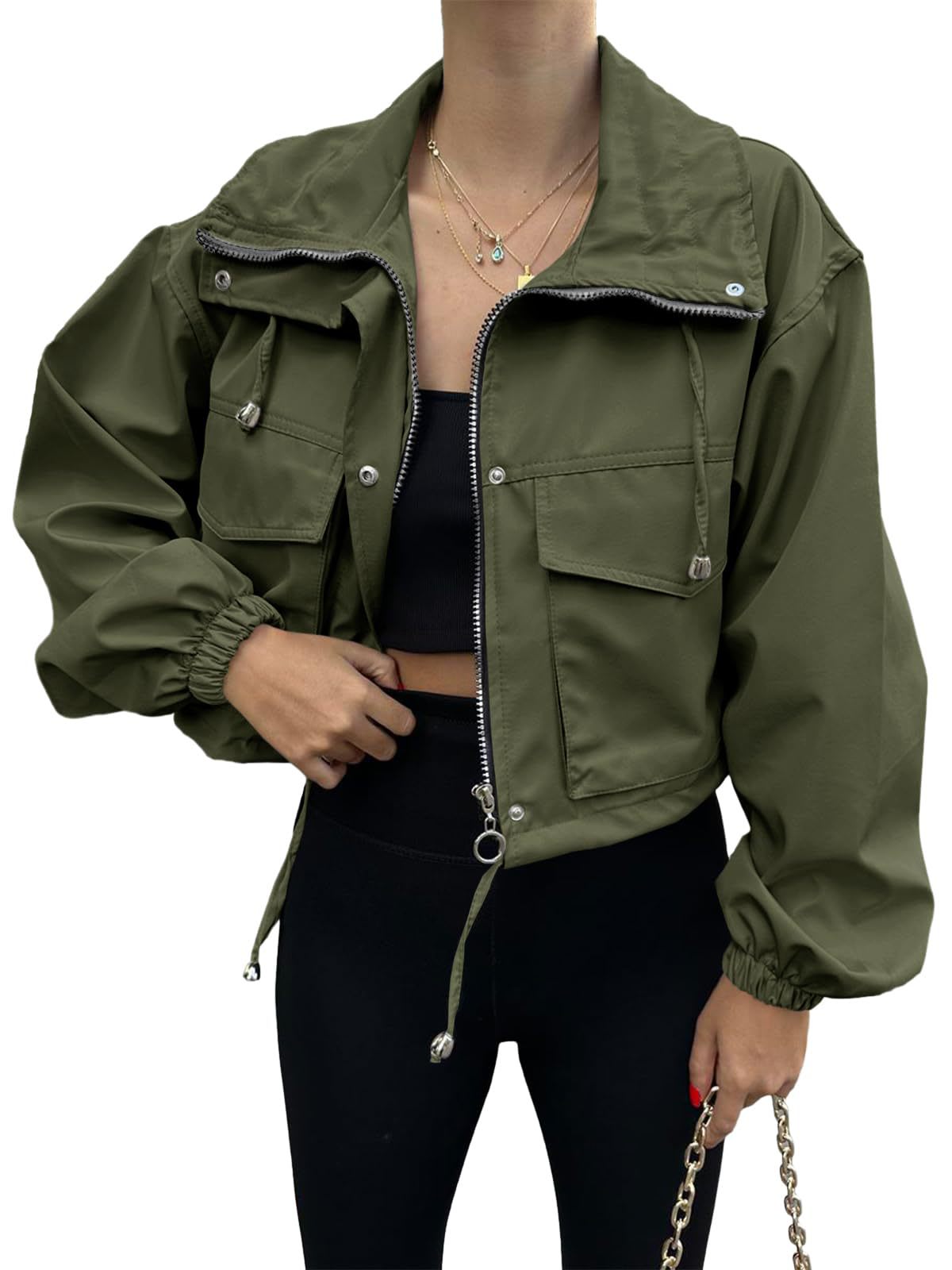 Solid Color Women's Short Jacket Zipper Trench Coat view 10