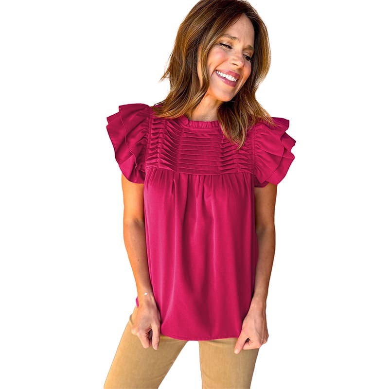 Fashion Pleated Stand Collar Pullover Leisure Pure Color Ruffles Three Quarter Sleeve view 15