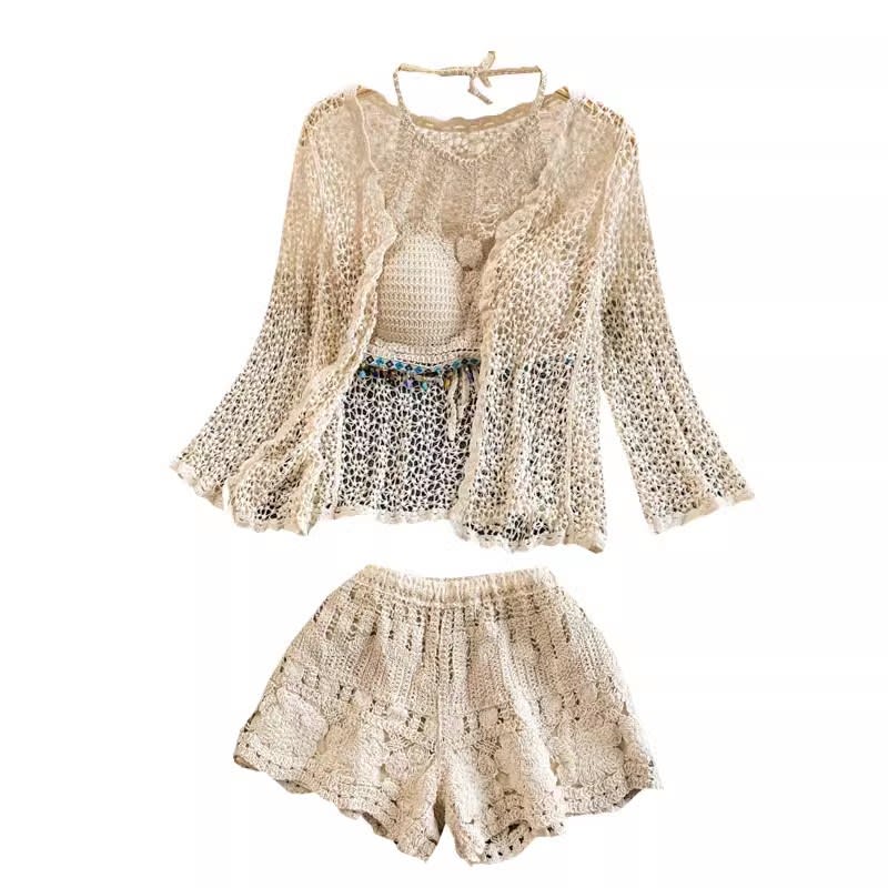 Cardigan Jacket High Waist Crocheted Shorts Beach Holiday Hot Spring Casual Suit view 6