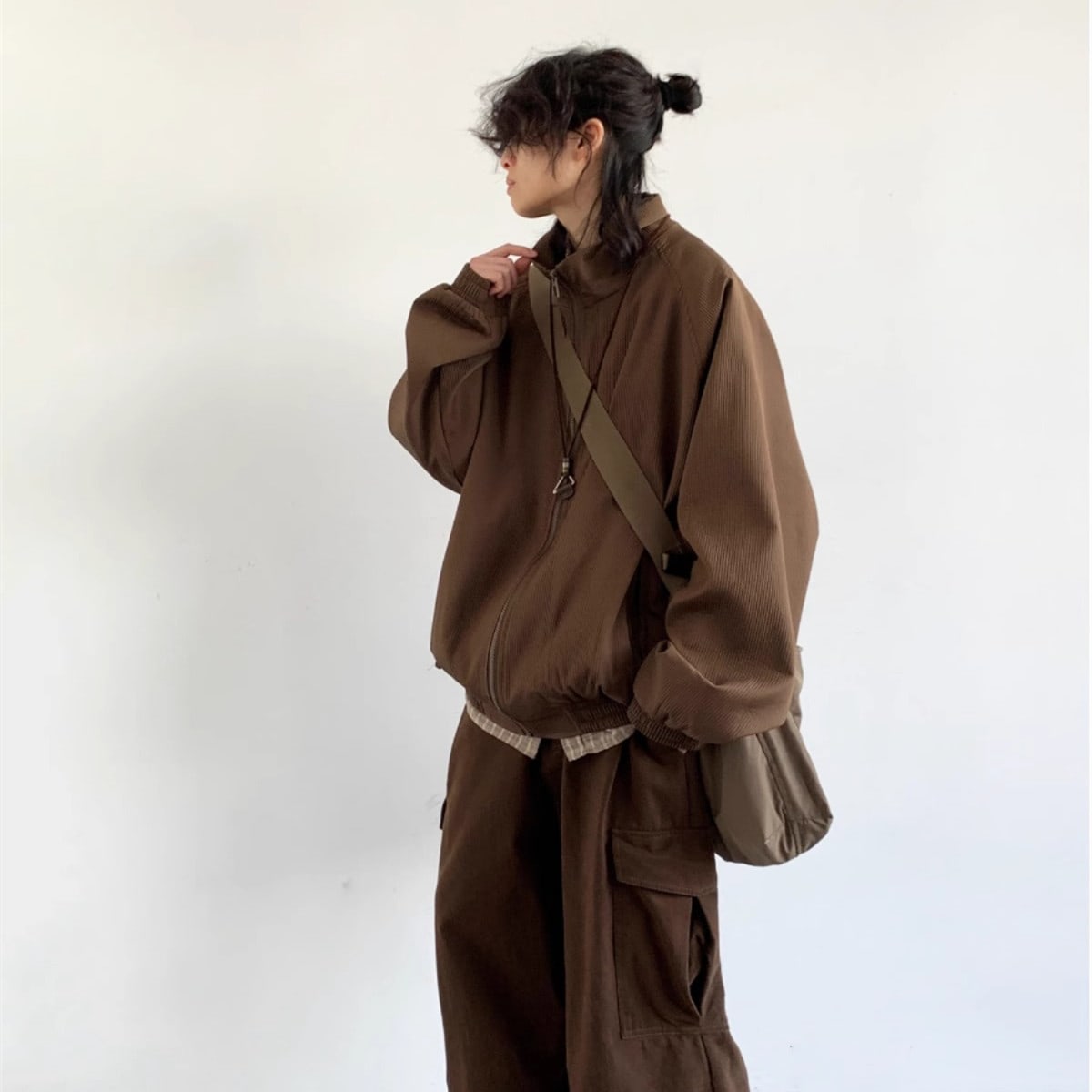 Japanese-style Retro Loose Lapel Raglan Sleeve Zipper Jacket view 5