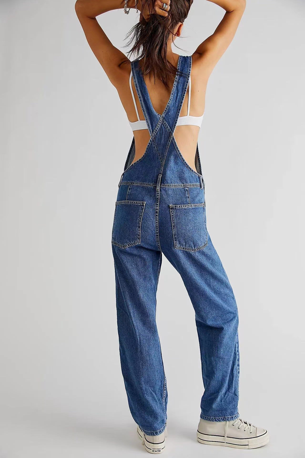 Women's High-Waisted Jumpsuit Overalls With Pockets Loose Fit Denim Trousers Casual Straight Leg Pants view 3