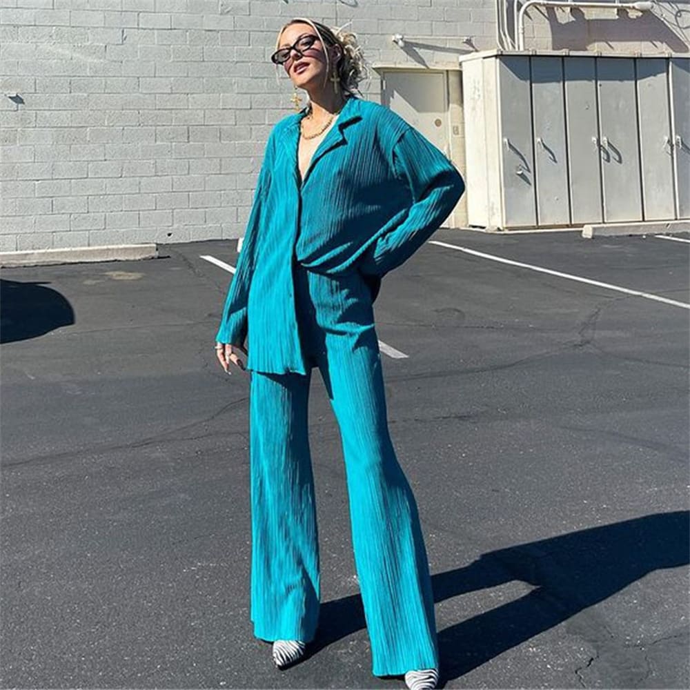 Pleated Design Shirt Outfit Straight-leg Trousers Loose Drooping Two-piece Set view 24