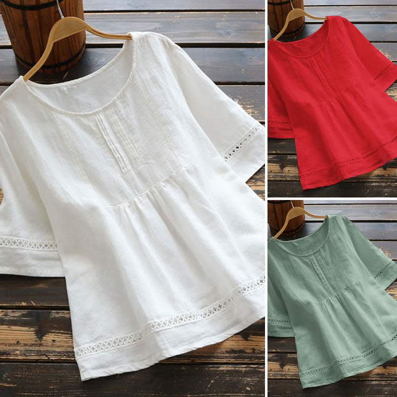 Summer Solid Color Cotton And Linen Top Half Sleeve view 6